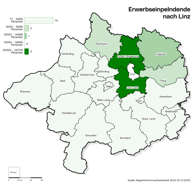 Einpendler*innen: Die Grafik zeigt die Erwerbseinpendler*innen nach Linz nach Wohnbezirken.