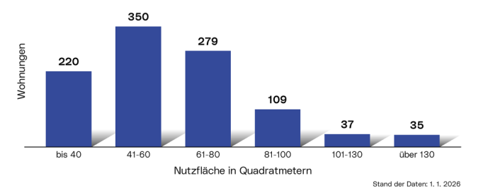 Wohnungsgrößen der Neubauwohnungen: Die Grafik zeigt die Verteilung der im Jahr 2025 in Neubauten errichteten Wohnungen als Balkendiagramm kategorisiert nach der Nutzfläche in Quadratmetern:    bis 40&nbsp;m², 41-60&nbsp;m², 61-80&nbsp;m², 81-100&nbsp;m², 101-130&nbsp;m²,  über 130&nbsp;m².