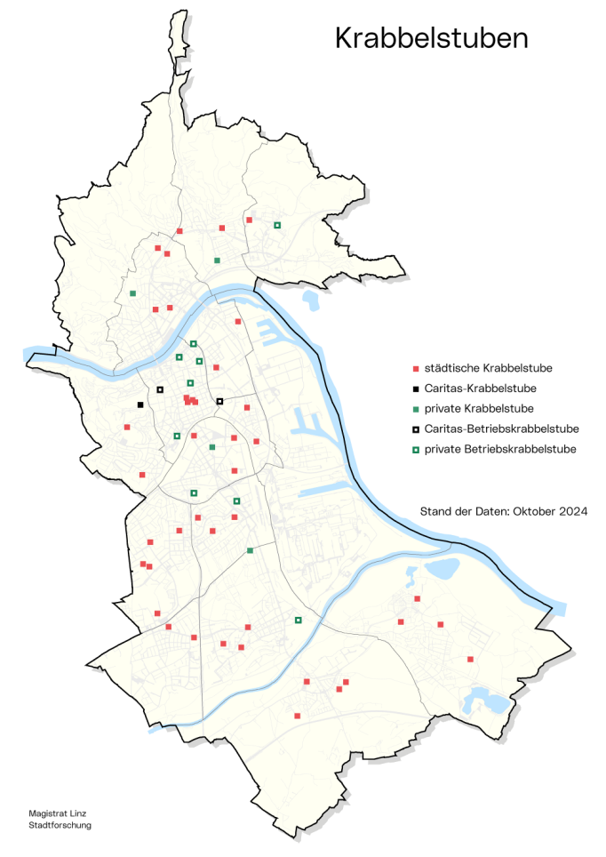 Stadtkarte Krabbelstuben: Die Grafik zeigt, wo sich die Krabbelstuben der Stadt, Privater bzw. der Caritas befinden