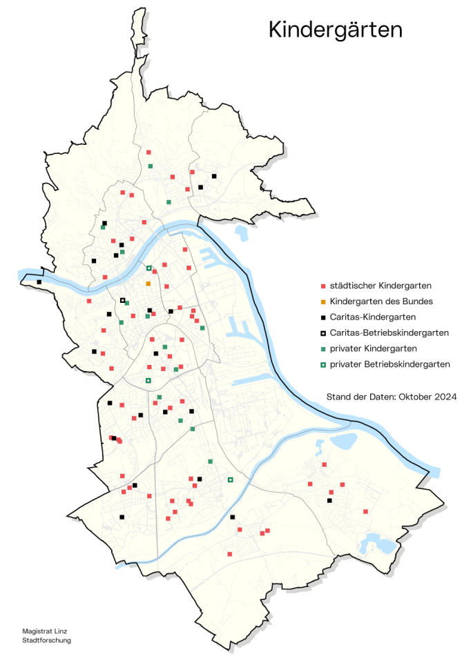 Stadtkarte Kindergärten: Die Grafik zeigt, wo sich die Kindergärten der Stadt, der Caritas, Privater   bzw. des Bundes befinden.