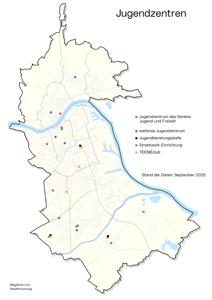 Stadtkarte Jugendzentren und -beratungsstellen: Die Grafik zeigt, wo im Stadtgebiet sich die Jugendzentren, Beratungsstellen und Streetwork-Einrichtungen befinden.