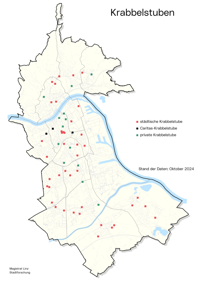 Stadtkarte Krabbelstuben: Die Grafik zeigt, wo sich die Krabbelstuben der Stadt, Privater bzw. der Caritas befinden
