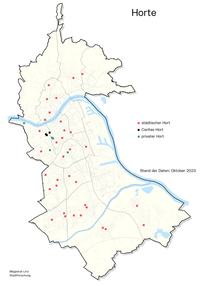 Stadtkarte Horte: Die Grafik zeigt, wo sich die Horte der Stadt, Privater und der Caritas befinden.