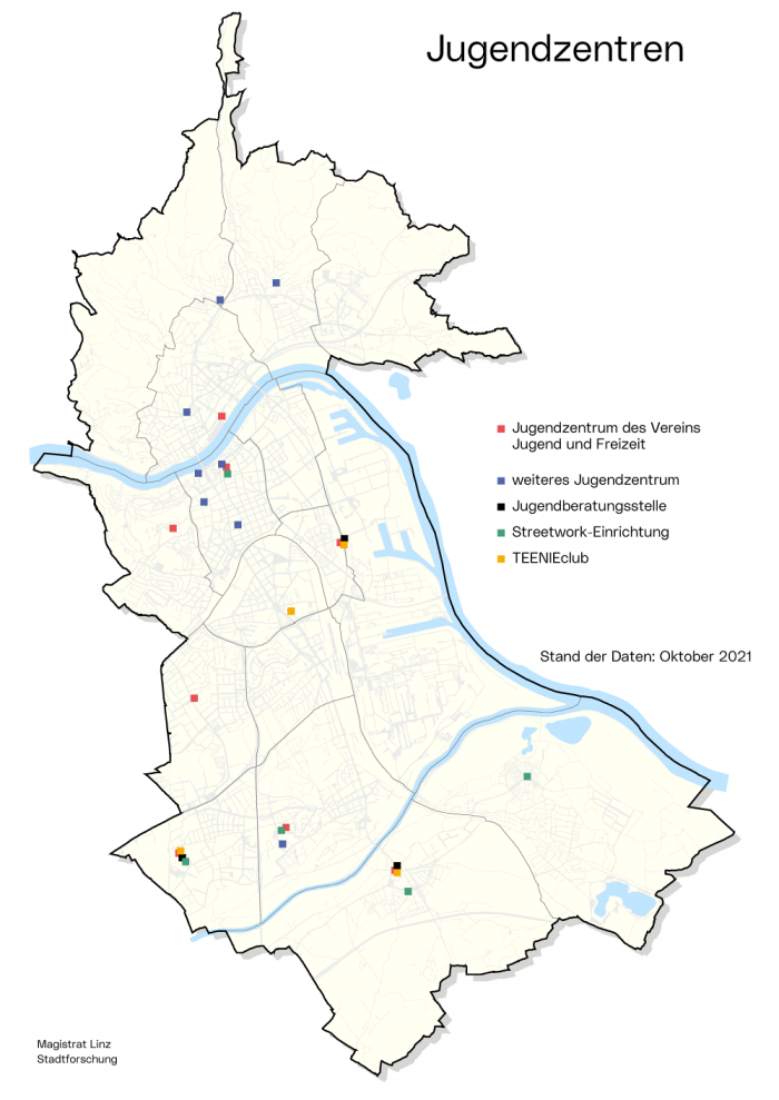 Stadtkarte Jugendzentren und -beratungsstellen: Die Grafik zeigt, wo im Stadtgebiet sich die Jugendzentren, Beratungsstellen und Streetwork-Einrichtungen befinden.