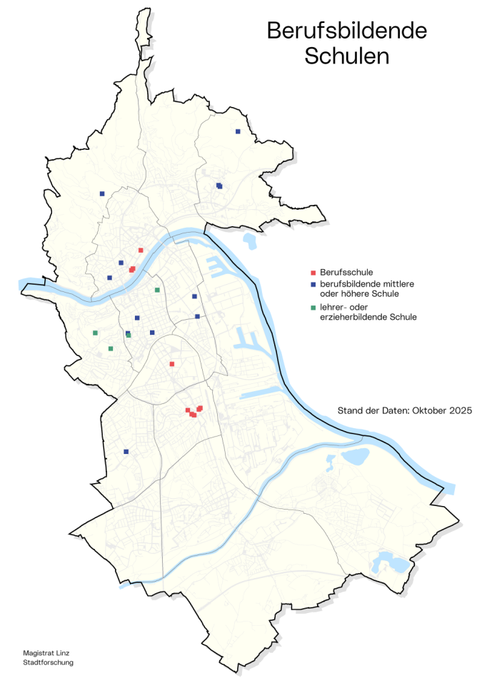 Stadtkarte Berufsschulen, berufsbildende mittlere und höhere Schulen sowie lehrerbildende Schulen: Die Grafik zeigt, wo im Stadtgebiet sich Schulen dieses Typs befinden.