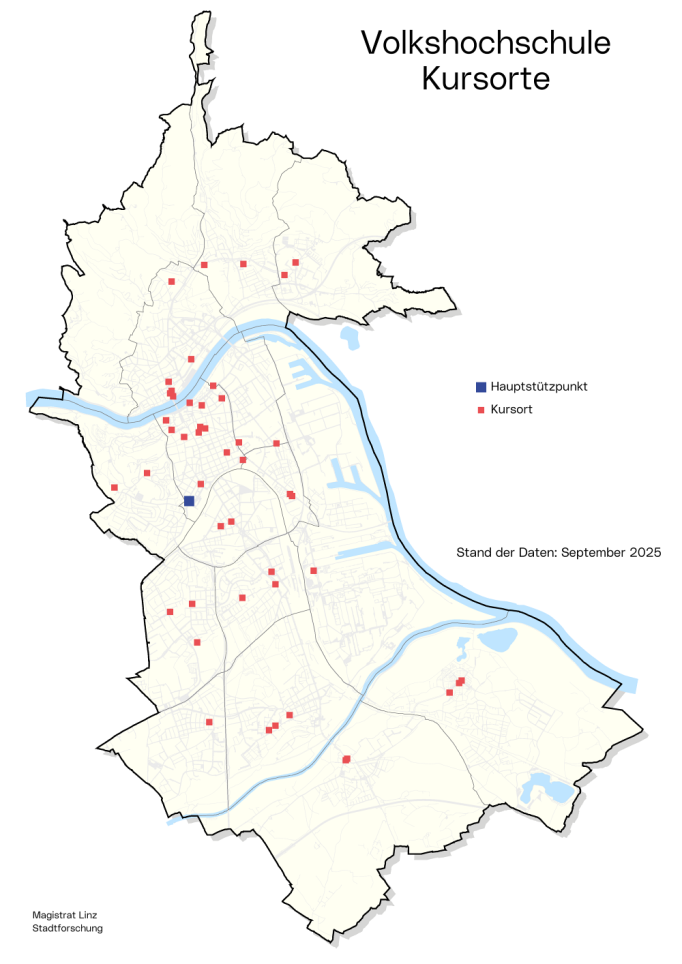 Stadtkarte Volkshochschule: Die Grafik zeigt, wo im Stadtgebiet sich die Kursorte befinden.