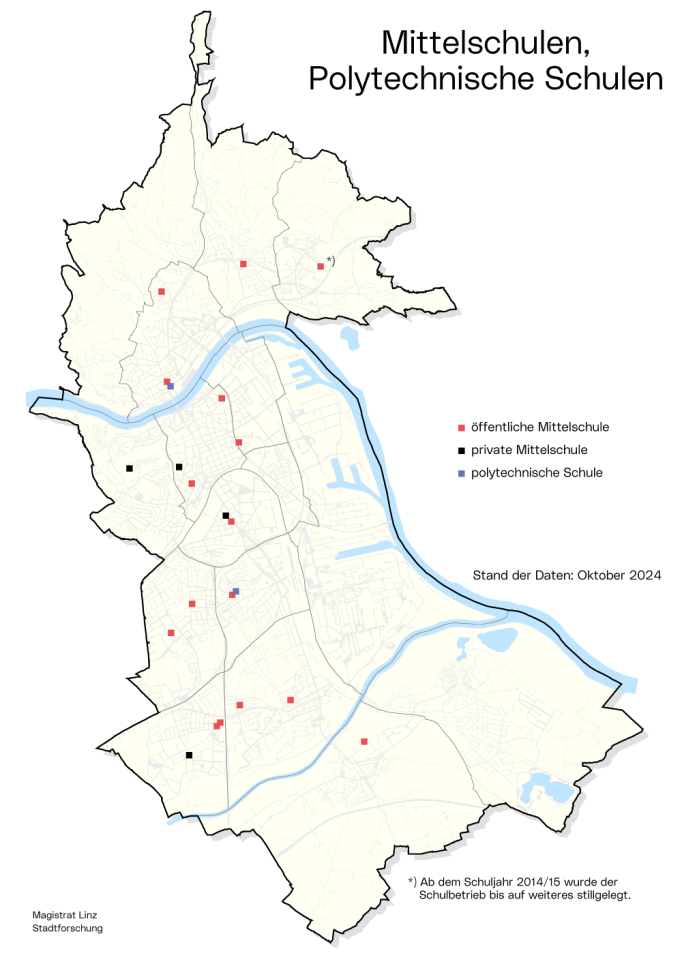 Stadtkarte Mittelschulen und Polytechnischen Schulen: Die Grafik zeigt, wo im Stadtgebiet sich diese Schulen befinden.