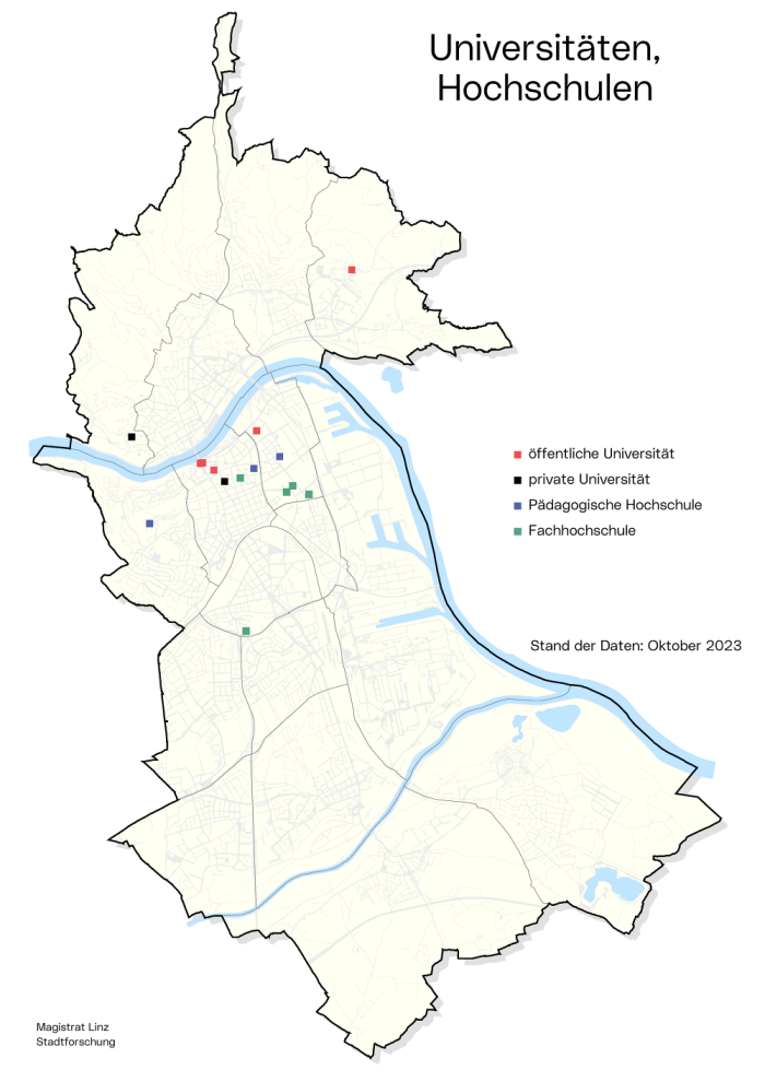 Stadtkarte Universitäten/Hochschulen: Die Grafik zeigt die Standorte der Universitäten, Fachhochschulen und Pädagogischen Hochschulen.