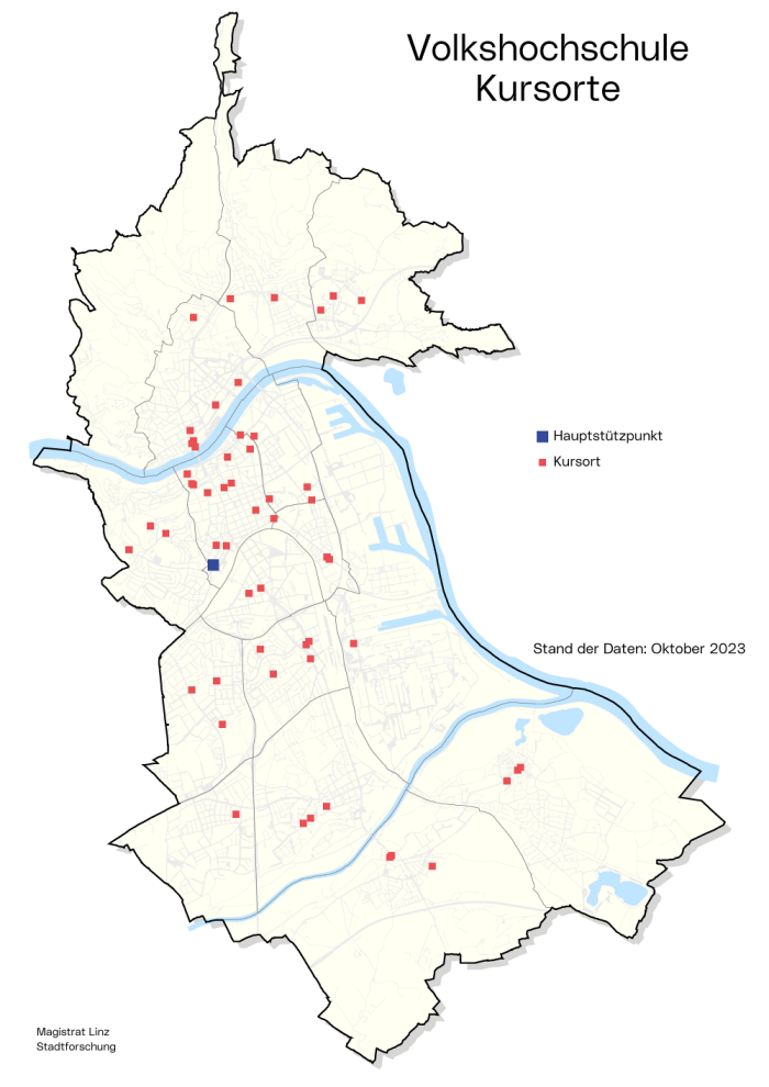 Stadtkarte Volkshochschule: Die Grafik zeigt, wo im Stadtgebiet sich die Kursorte befinden.