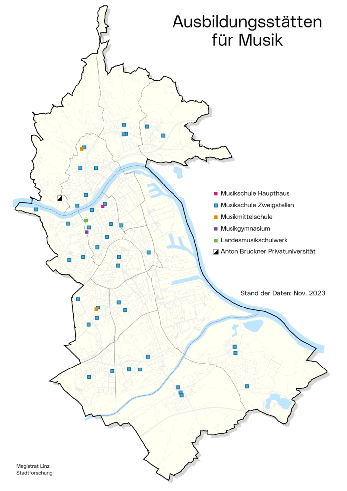 Stadtkarte Ausbildungsstätten für Musik: Die Grafik zeigt, wo im Stadtgebiet sich die verschiedenen Ausbildungsstätten für Musik befinden.