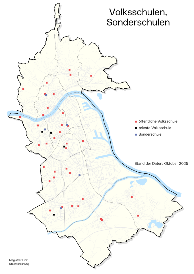 Stadtkarte Volks- und Sonderschulen: Die Grafik zeigt, wo im Stadtgebiet sich diese Schulen befinden.