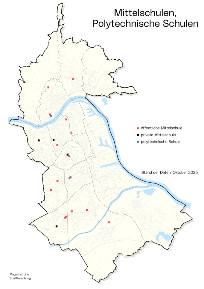 Stadtkarte Mittelschulen und Polytechnischen Schulen: Die Grafik zeigt, wo im Stadtgebiet sich diese Schulen befinden.