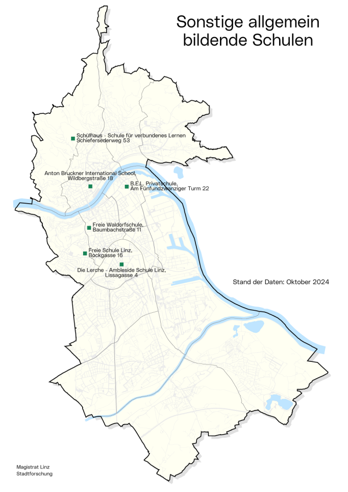 Stadtkarte Sonstige allgemein bildende Schulen: Die Grafik zeigt, wo im Stadtgebiet sich diese Schulen befinden.