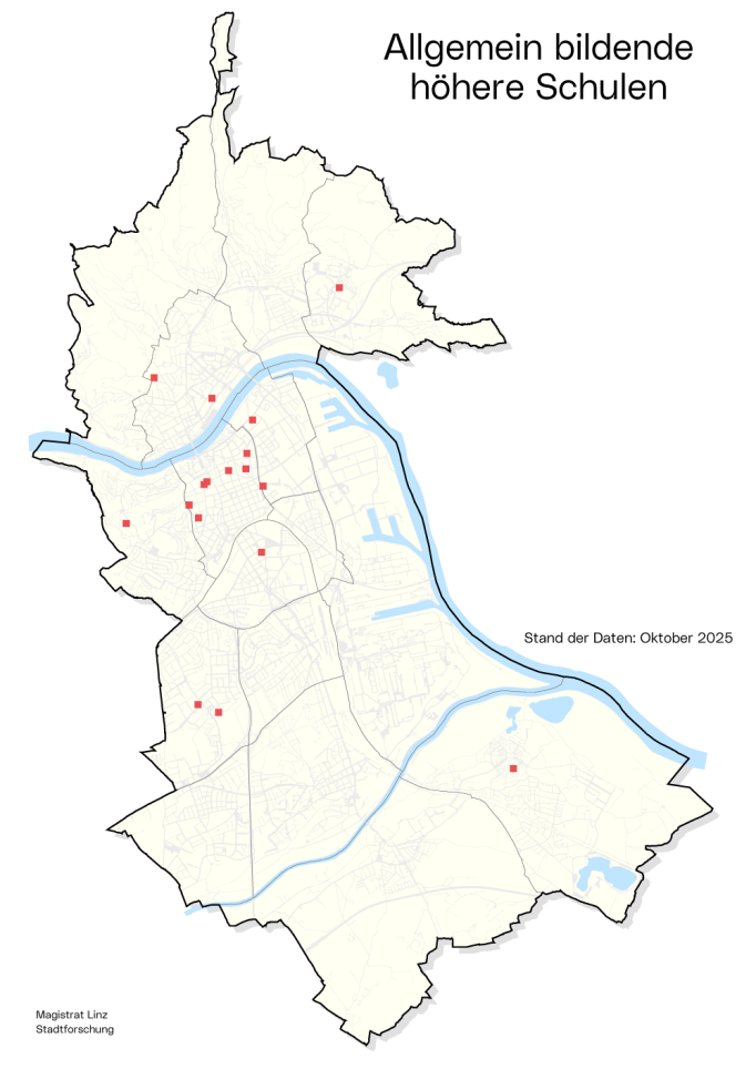 Stadtkarte Allgemein bildende höhere Schulen: Die Grafik zeigt, wo im Stadtgebiet sich Schulen dieses Typs   befinden.