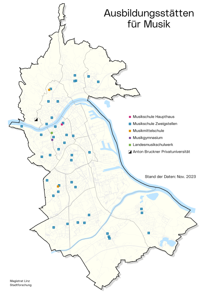 Stadtkarte Ausbildungsstätten für Musik: Die Grafik zeigt, wo im Stadtgebiet sich die verschiedenen Ausbildungsstätten für Musik befinden.