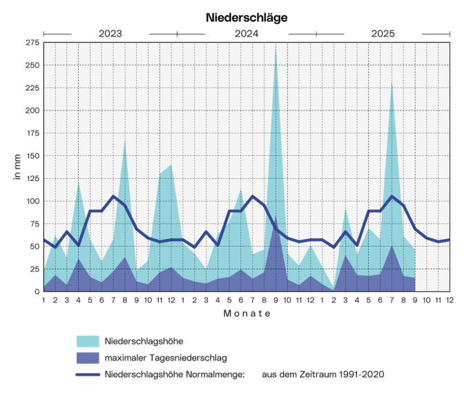 Niederschläge: Die Grafik zeigt die Niederschlagsmenge, den langjährigen Durchschnitt und den höchsten Tagesniederschlag  pro Monat ab 2023.