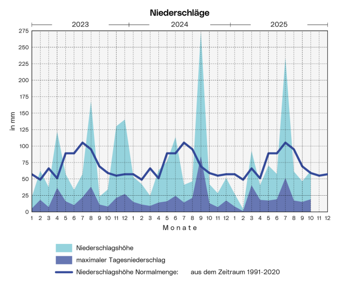 Niederschläge: Die Grafik zeigt die Niederschlagsmenge, den langjährigen Durchschnitt und den höchsten Tagesniederschlag  pro Monat ab 2023.
