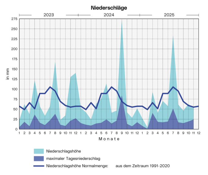 Niederschläge: Die Grafik zeigt die Niederschlagsmenge, den langjährigen Durchschnitt und den höchsten Tagesniederschlag  pro Monat ab 2023.