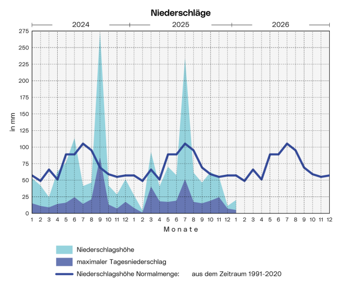 Niederschläge: Die Grafik zeigt die Niederschlagsmenge, den langjährigen Durchschnitt und den höchsten Tagesniederschlag  pro Monat ab 2024.