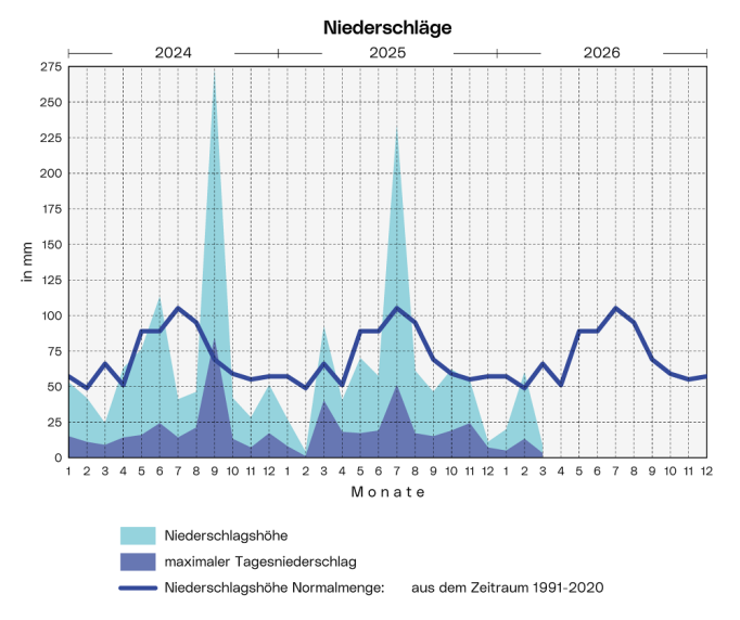 Niederschläge: Die Grafik zeigt die Niederschlagsmenge, den langjährigen Durchschnitt und den höchsten Tagesniederschlag pro Monat ab 2024.