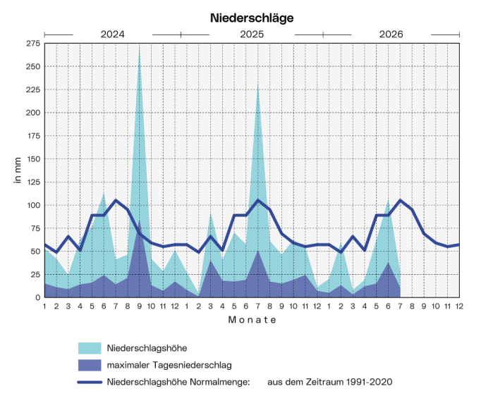 Niederschläge: Die Grafik zeigt die Niederschlagsmenge, den langjährigen Durchschnitt und den höchsten Tagesniederschlag pro Monat ab 2024.