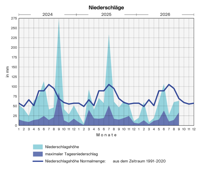Niederschläge: Die Grafik zeigt die Niederschlagsmenge, den langjährigen Durchschnitt und den höchsten Tagesniederschlag pro Monat ab 2024.